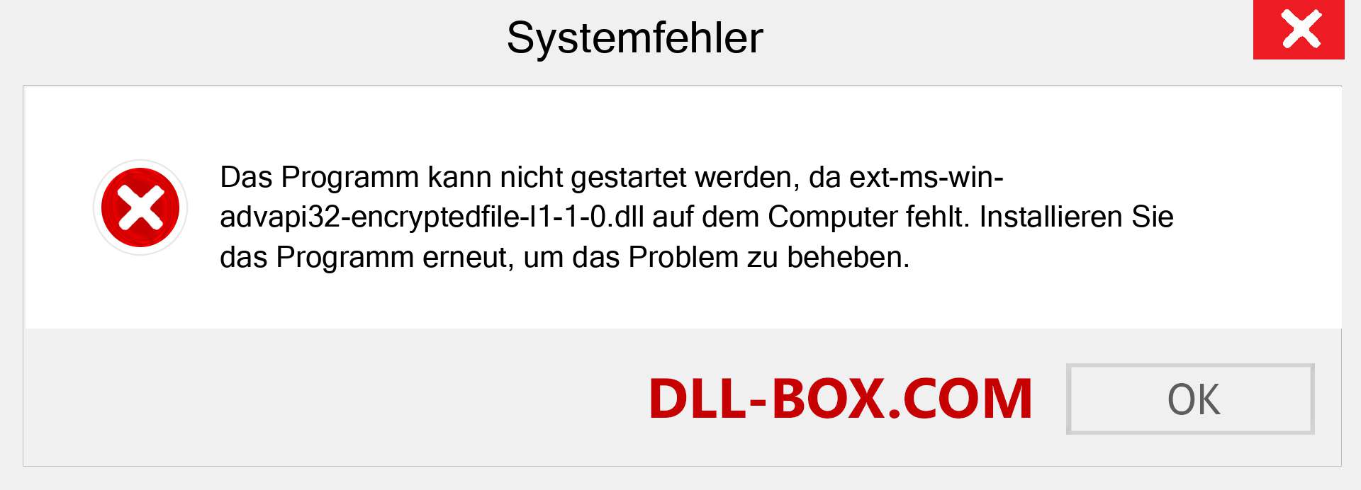 ext-ms-win-advapi32-encryptedfile-l1-1-0.dll-Datei fehlt?. Download für Windows 7, 8, 10 - Fix ext-ms-win-advapi32-encryptedfile-l1-1-0 dll Missing Error unter Windows, Fotos, Bildern